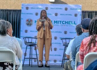 Los Angeles County Supervisor Holly J. Mitchell speaks at the 2nd District Racial Justice Learning Exchange event on campus.