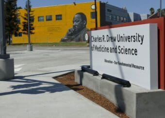 Photo of the CDU entrance with the Martin Luther King, Jr. mural in the background.