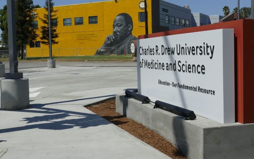 Photo of the CDU entrance with the Martin Luther King, Jr. mural in the background.