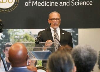 CDU President Dr. David Carlisle speaks during the announcement of the new 4-year independent medical degree program, first at a black medical college west of the Mississippi