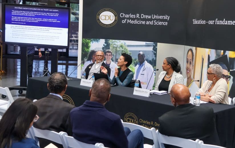 Panel during the University Forum that Addressesed Health Disparities facing Black Californians in the CDU Cobb lobby.