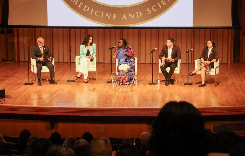 CDU President Dr. David Carlisle moderates President's Breakfast panel with Nana Gyamfi, Efrain Talamantes, Sonja Diaz, plus Pulitzer Prize and Peabody award-winning keynote speaker Caitlin Dickerson.