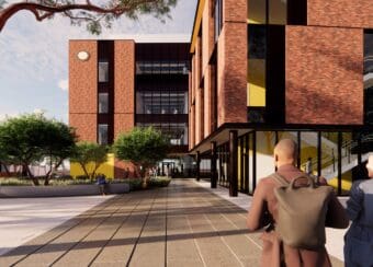 Rendering of the Health Professions Education Building, a 60,000 GSF state-of-the art academic building that will house the University’s newly accredited medical degree program.