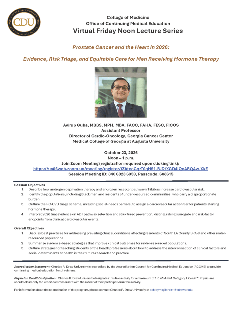 CDU Friday Noon Lecture Series Avirup Guha, MBBS, MPH, MBA, FACC, FAHA, FESC, FICOS flyer