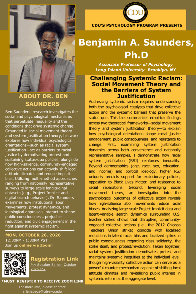 Dr. Benjamin Saunders Challenging Systemic Racism: Social Movement Theory and the Barriers of System Justification flyer